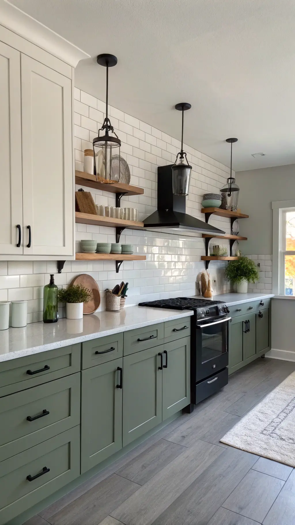 Modern kitchen with forest floor sage cabinets, quartz countertops, and black fixtures