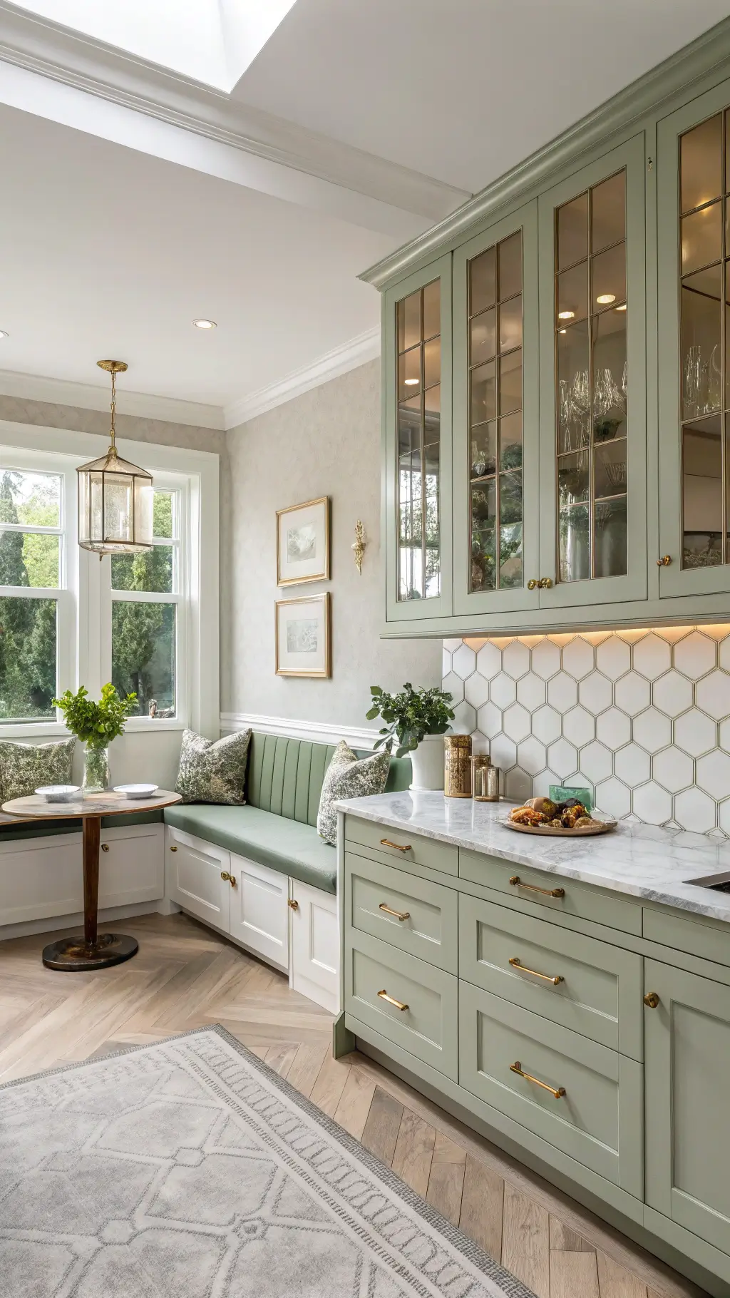 Sunlit kitchen with two-tone sage and white cabinets, brass hardware, and marble backsplash