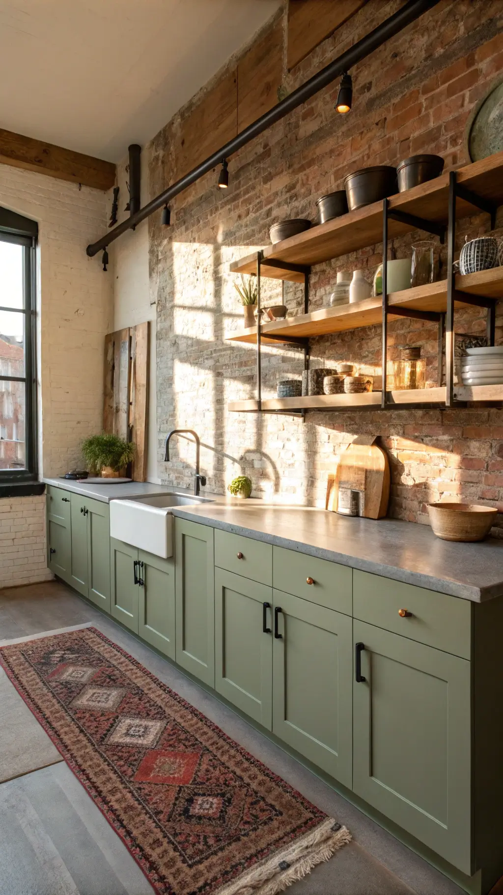 Modern rustic kitchen with sage cabinets, concrete countertops, and exposed brick wall