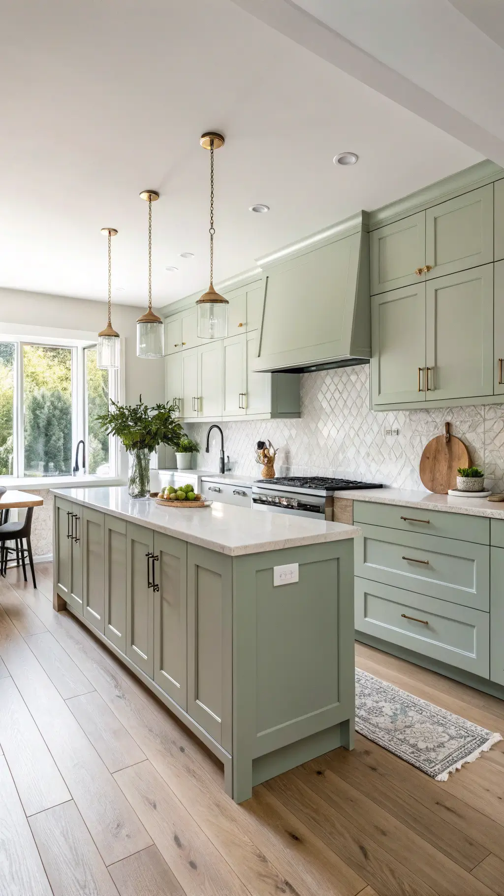 Scandinavian-inspired kitchen with sage cabinets, white oak floors, and penny tile backsplash