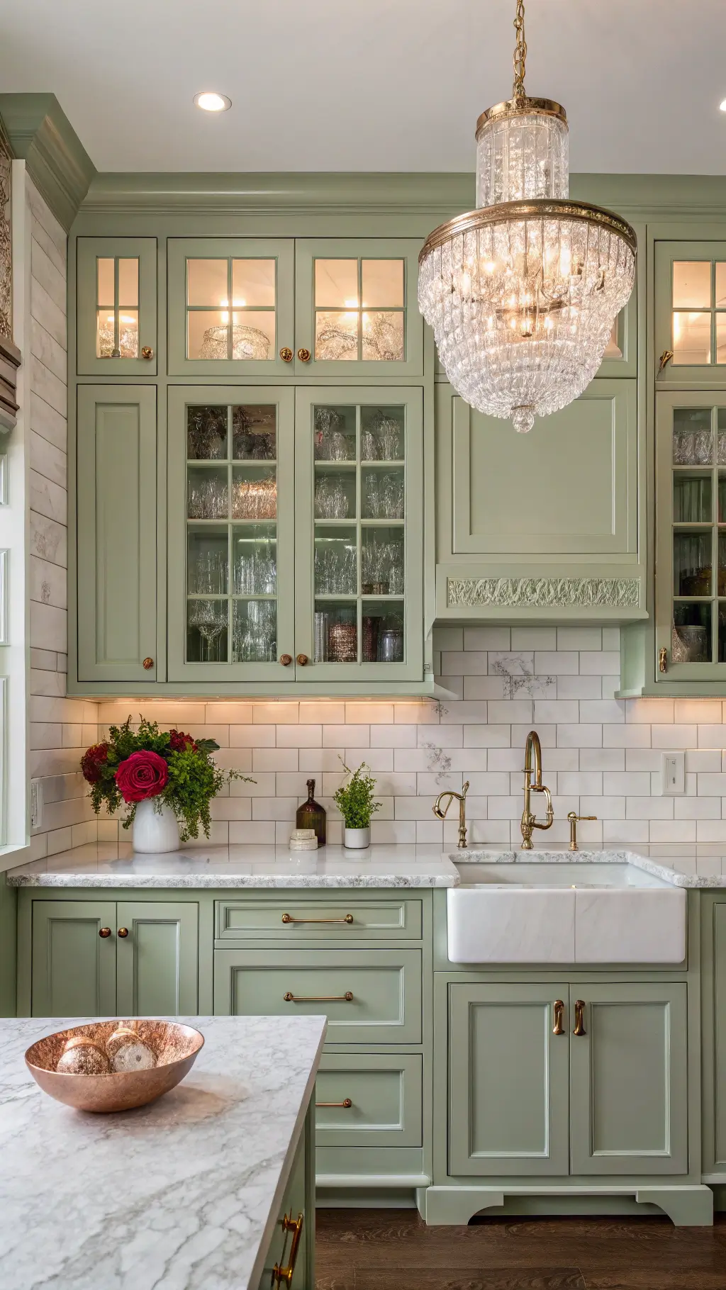 Classic kitchen with sage green cabinets, marble counters, subway tile backsplash, and elegant lighting