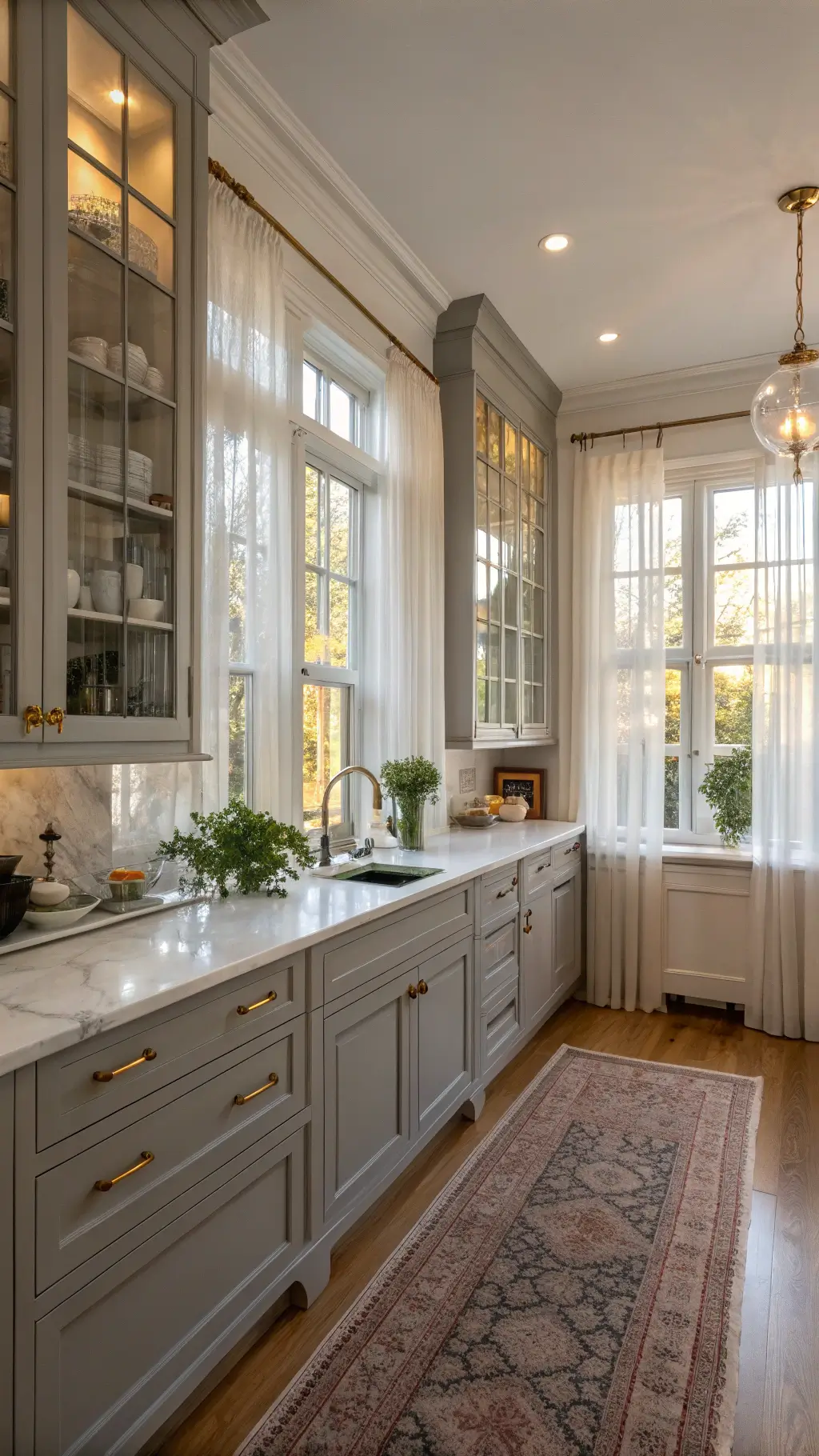Elegant traditional kitchen featuring gray IKEA Bodbyn cabinets, marble countertops, tall windows with sheer curtains, vintage dishware in glass-front upper cabinets, crown molding, brass hardware, fresh herbs, and artisanal cutting boards.