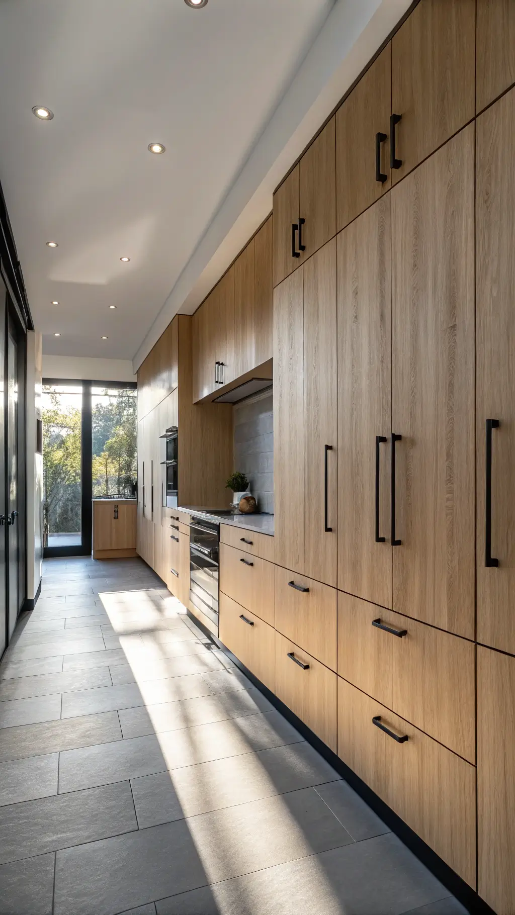 Modern galley kitchen with IKEA Askersund light ash cabinets, floor-to-ceiling storage, black matte accessories, geometric patterns, and dramatic dawn lighting.