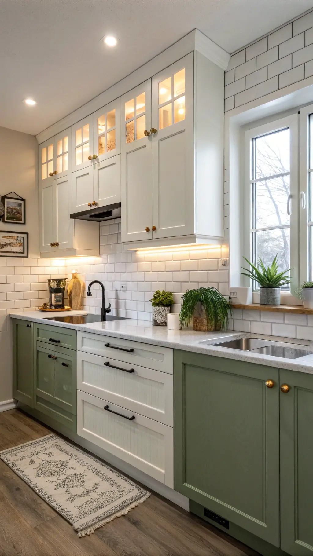 Aerial view of a compact urban kitchen with IKEA SEKTION cabinets: Axstad white on top and Bodbyn sage below, highlighted by golden light, subway tile backsplash, brushed nickel accents, and potted herbs on the peninsula.