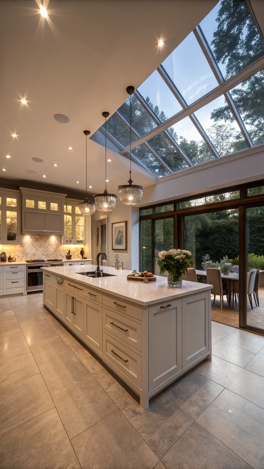 Spacious open-concept kitchen featuring custom SEKTION system, island with integrated appliances, floor-to-ceiling pantry, and dusk skylight lighting, viewed from dining area.