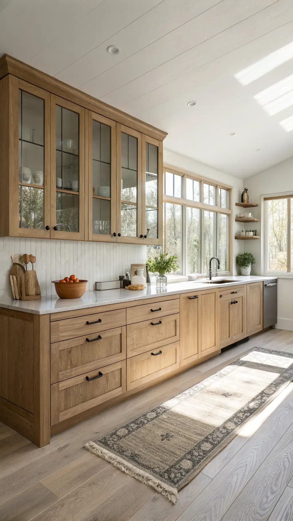 Scandinavian-style kitchen with Askersund cabinets in white oak finish, frosted windows, peninsula breakfast bar, vertical corner storage, pale ceramic decor, linen textiles, and natural side lighting.