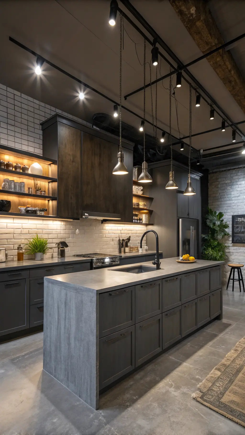 Industrial-modern kitchen with Axstad dark gray cabinets, waterfall concrete countertop island, open shelving, evening track lighting, matte black stainless steel accessories.