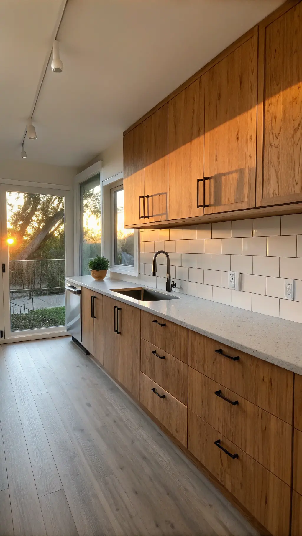 Minimalist Scandinavian galley kitchen with red oak cabinets, concrete countertops, and white subway tile backsplash bathed in sunset light