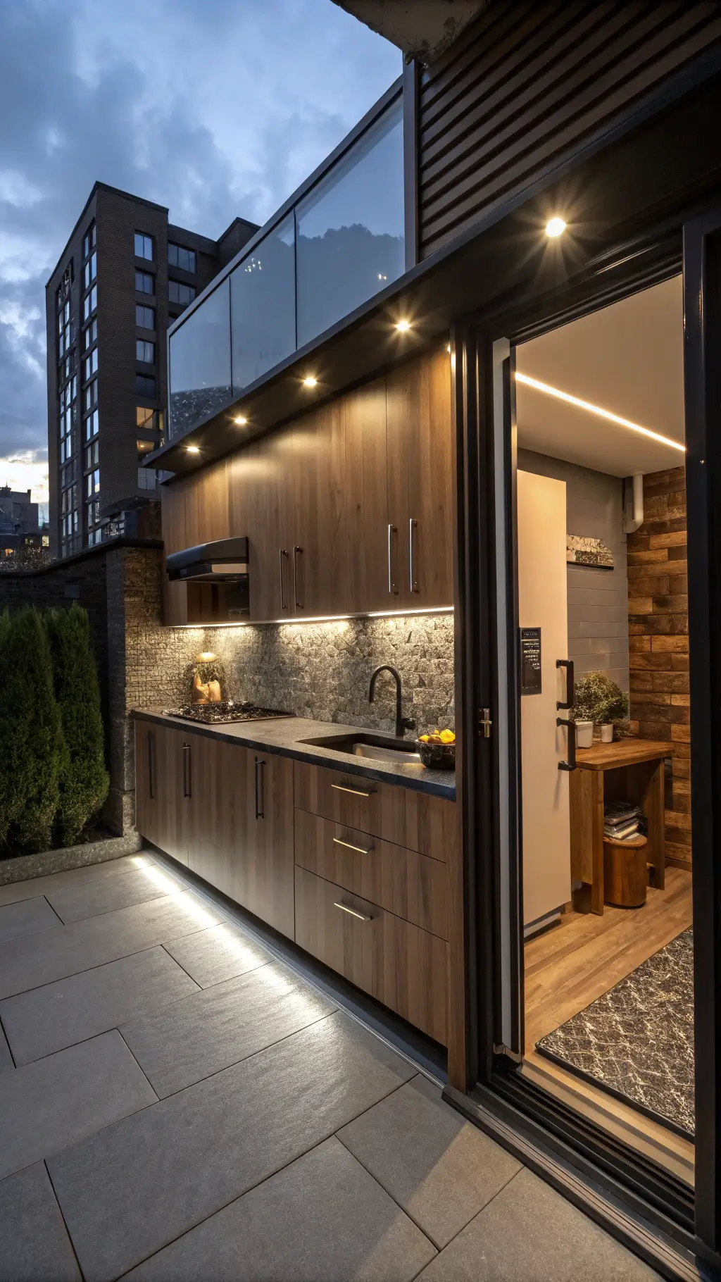 Compact urban kitchen with red oak cabinets, charcoal soapstone countertops, and metallic mosaic backsplash under moody lighting