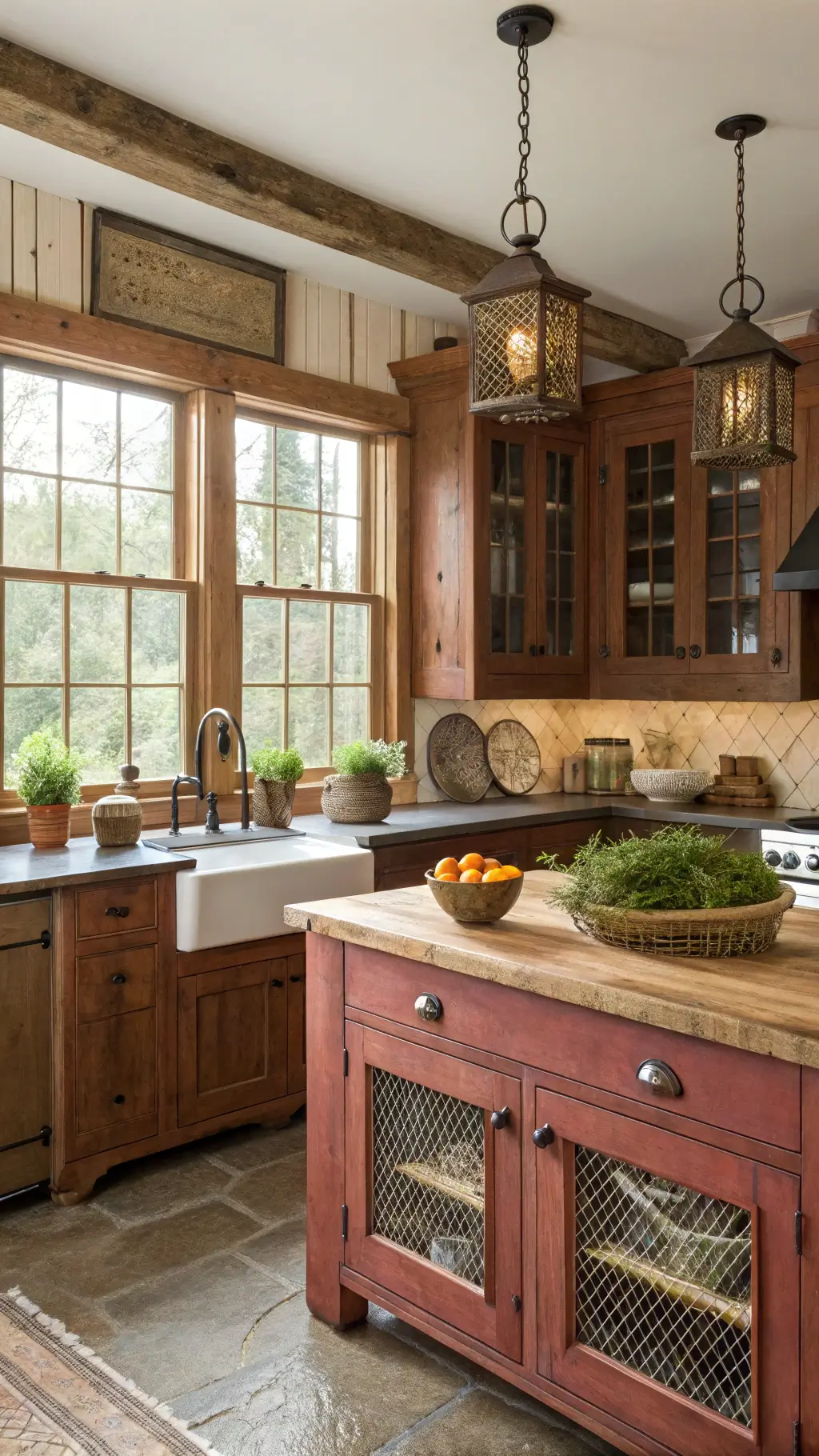 Rustic farmhouse kitchen with red oak cabinets, vintage brass hardware, butcher block island, and fresh herbs