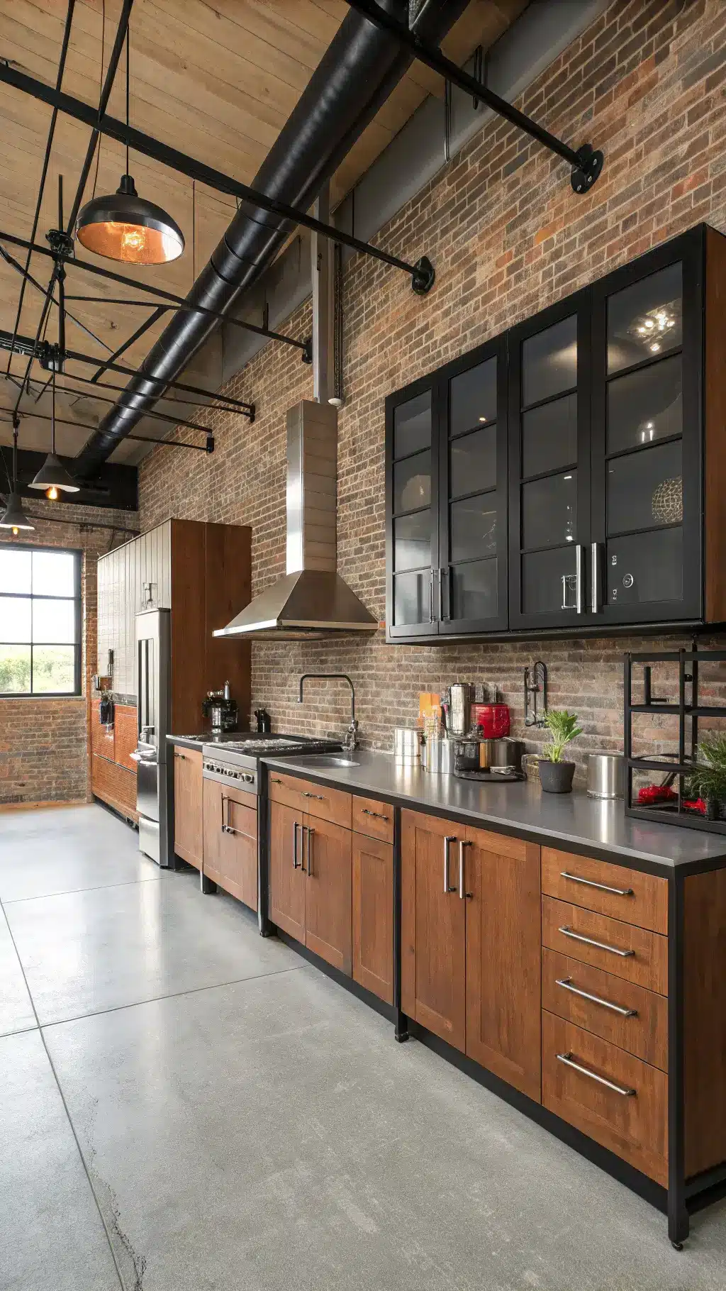 Industrial loft kitchen with red oak cabinets, stainless steel countertops, and concrete flooring under bright lighting