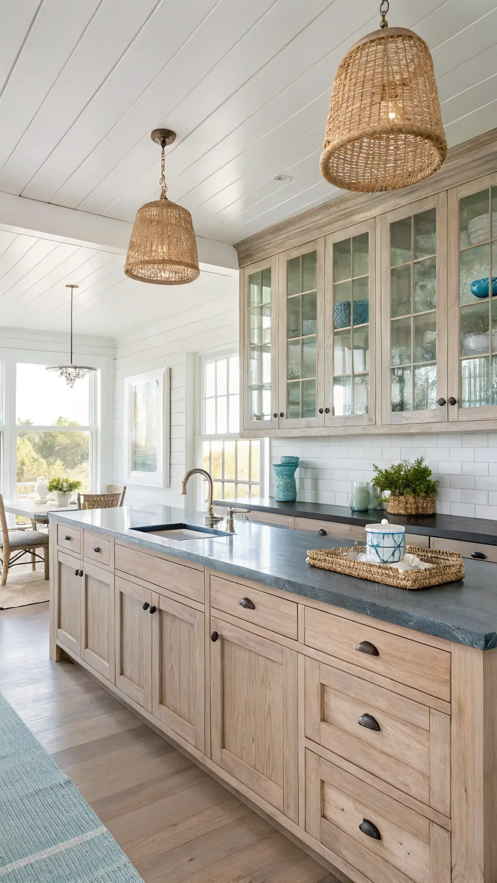 Bright coastal kitchen with whitewashed red oak cabinets, blue-gray soapstone counters, white shiplap walls, and woven pendant lighting