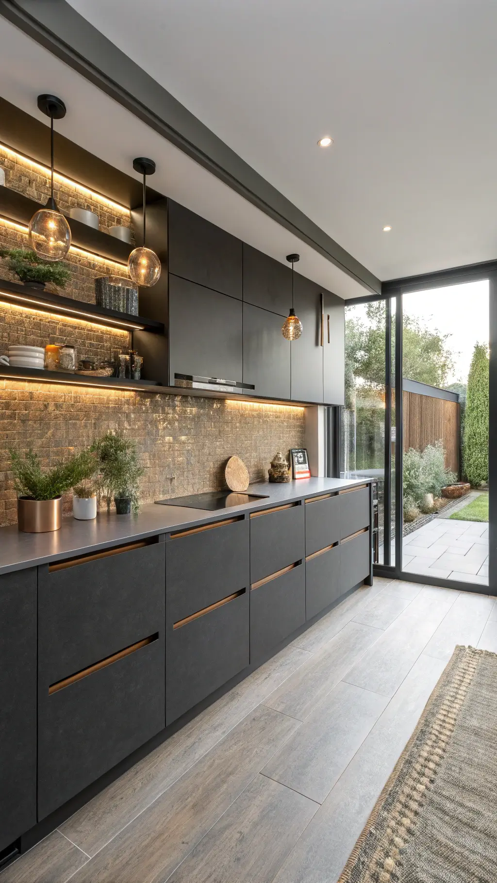 Contemporary kitchen with anthracite grey handleless cabinets and gola rail system