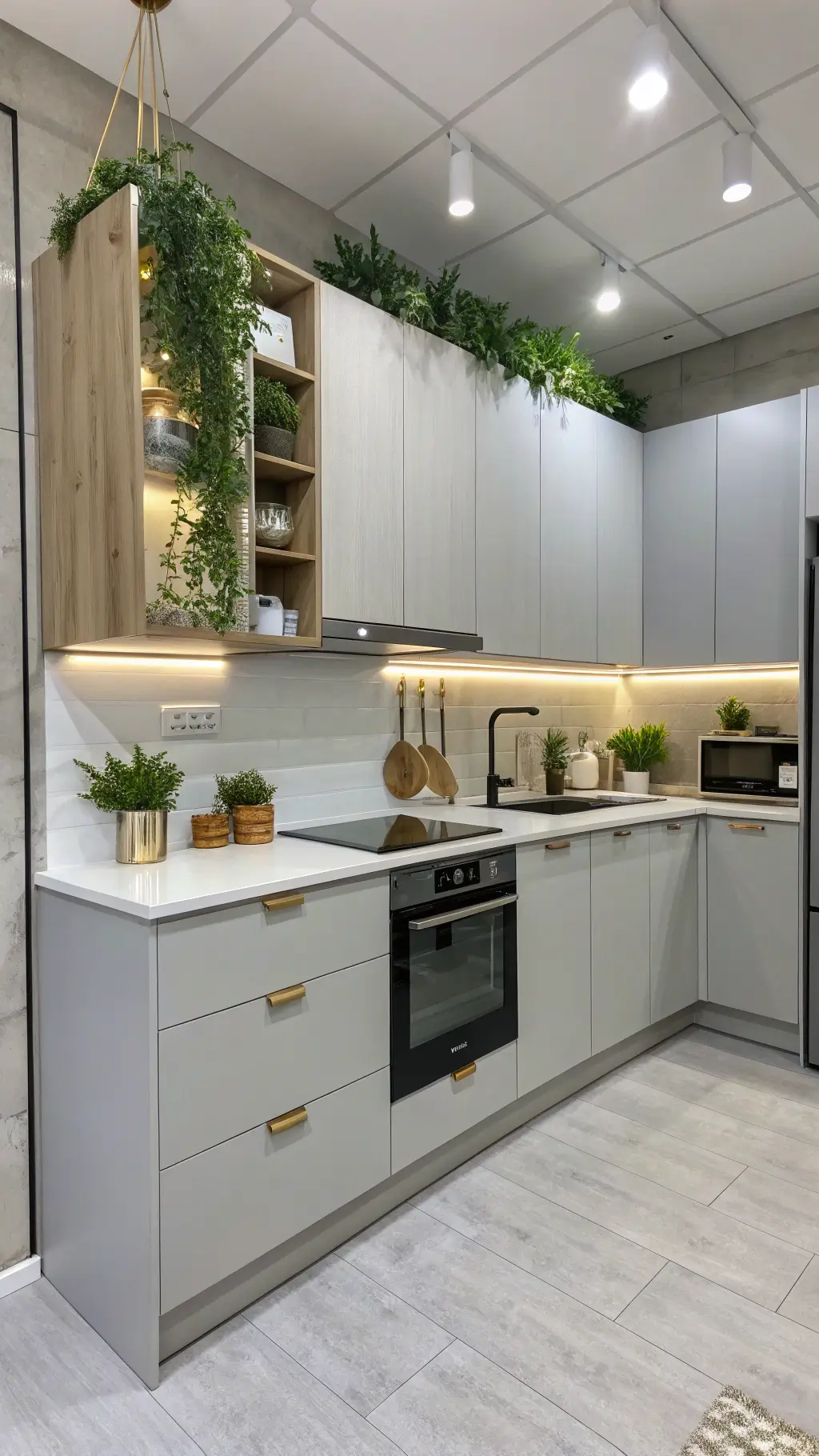 Compact urban kitchen with dove grey handleless cabinets and brass accents