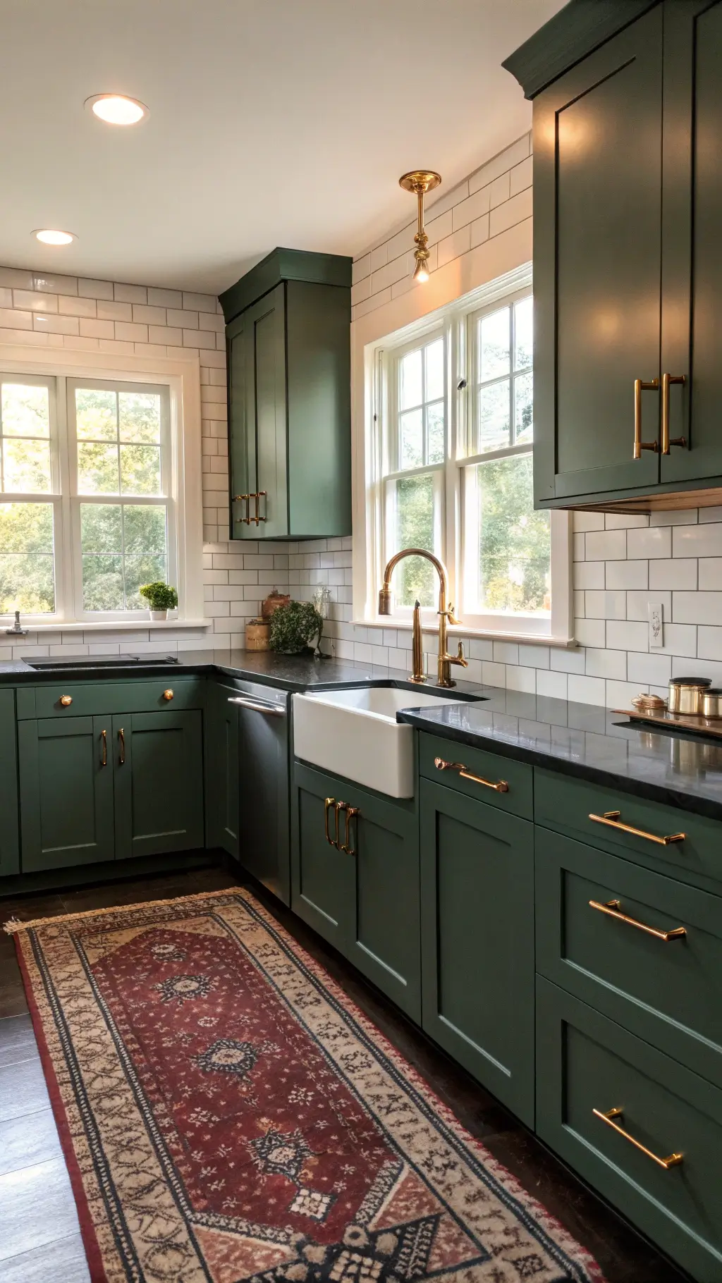 Traditional shaker kitchen with forest green cabinets, black soapstone countertops, brass hardware, white subway tile backsplash, and vintage Persian runner