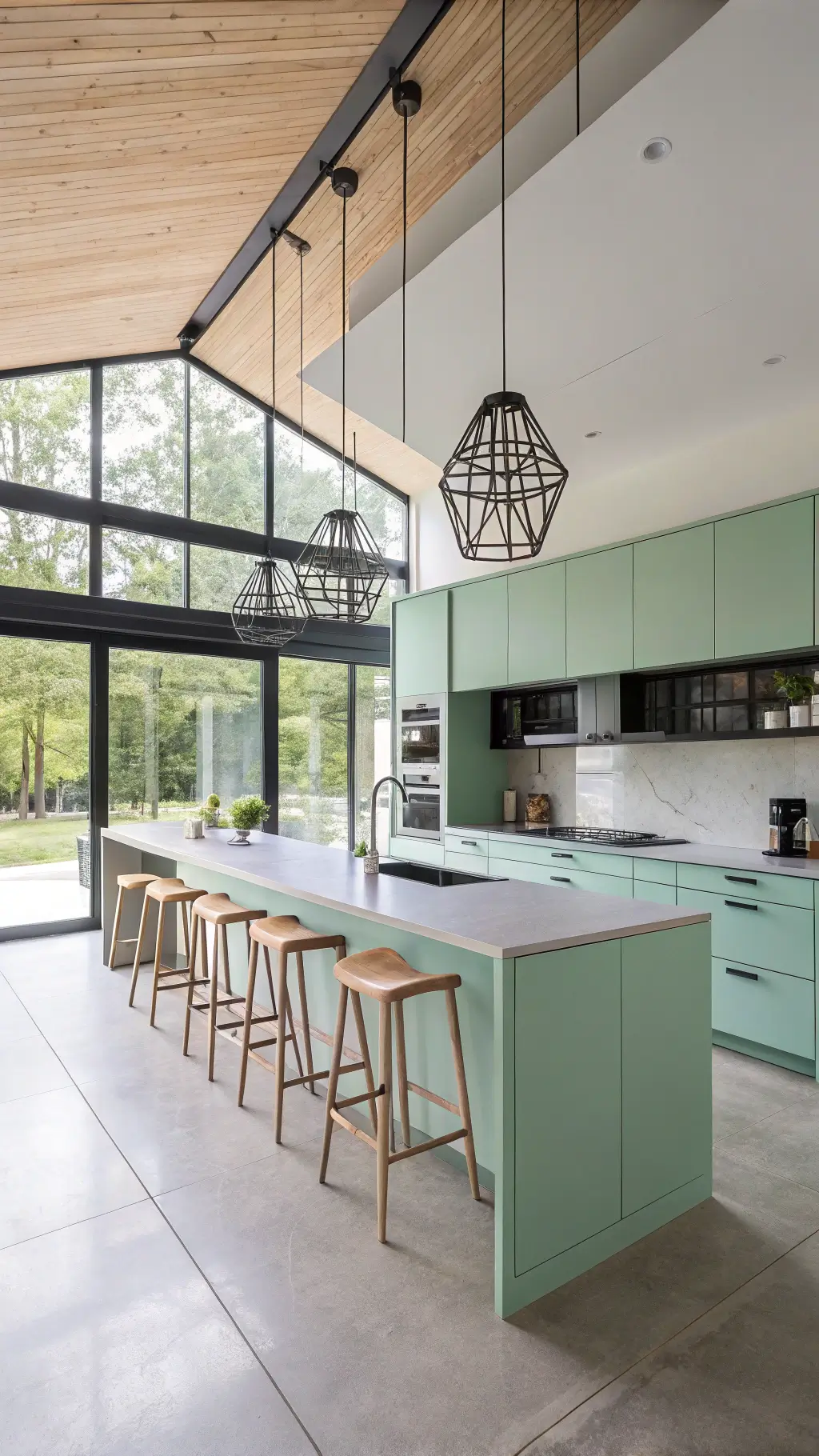 Modern open-concept kitchen with mint green high-gloss cabinets, concrete countertops, floating steel shelves, and Scandinavian-style pale wood bar stools