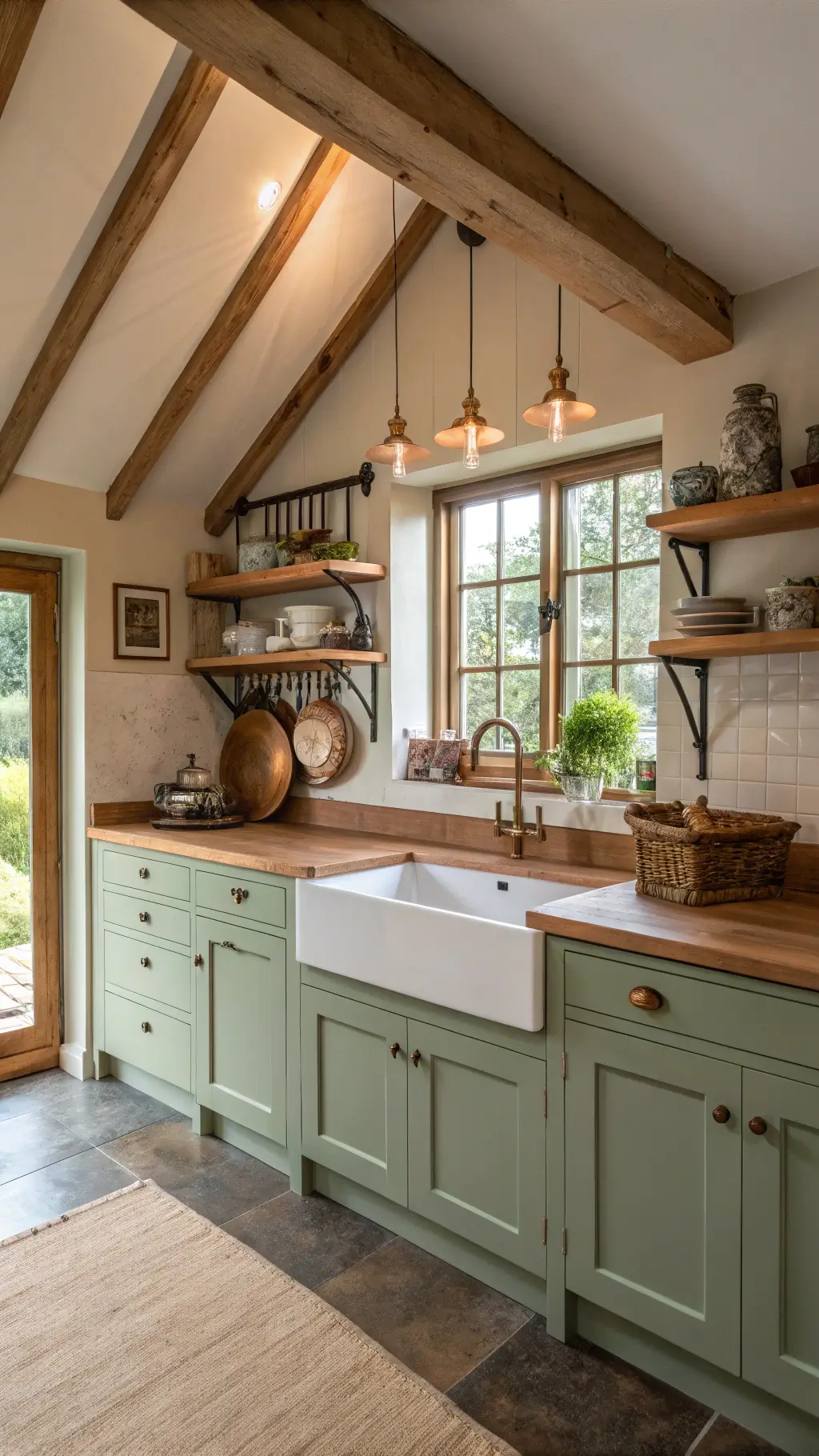 Cozy cottage kitchen with sage green cabinets, wooden beams, butcher block counters, cream ceramic sink, brass fixtures, and copper cookware