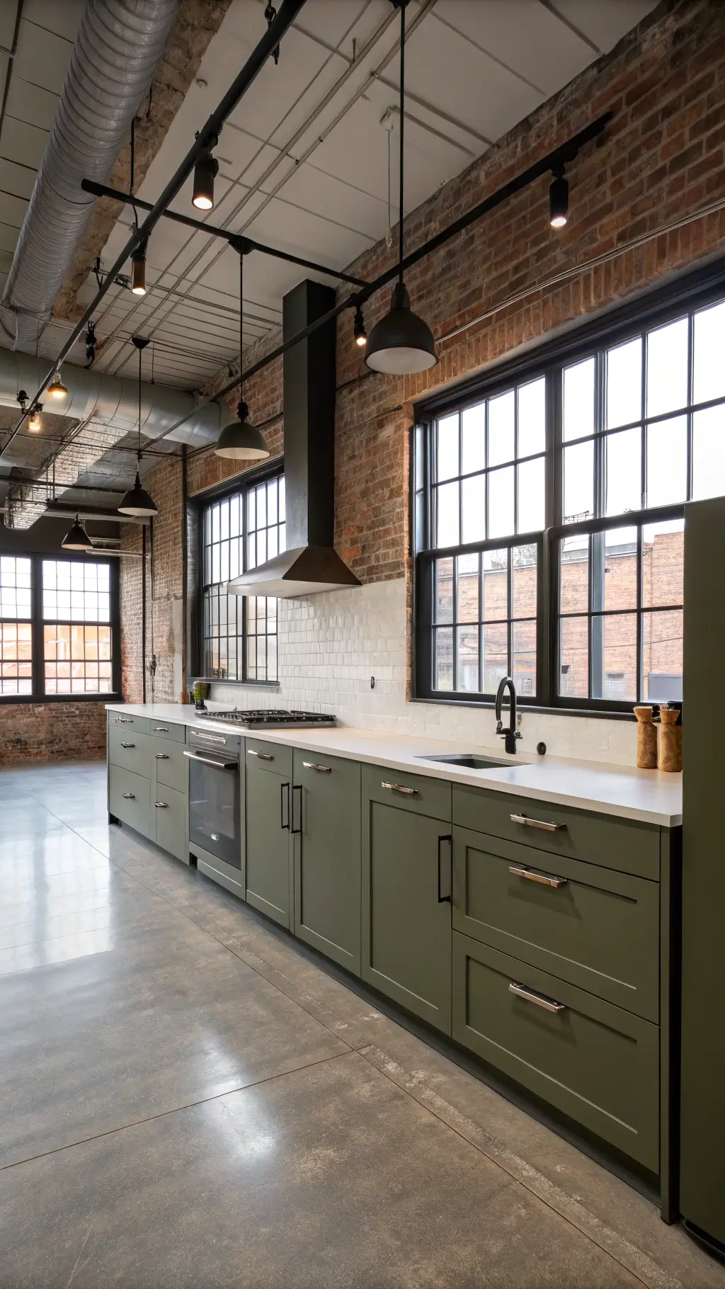 Industrial loft kitchen with army green metal cabinets, exposed brick wall, polished concrete floors, steel-framed windows, white quartz counters, and track lighting