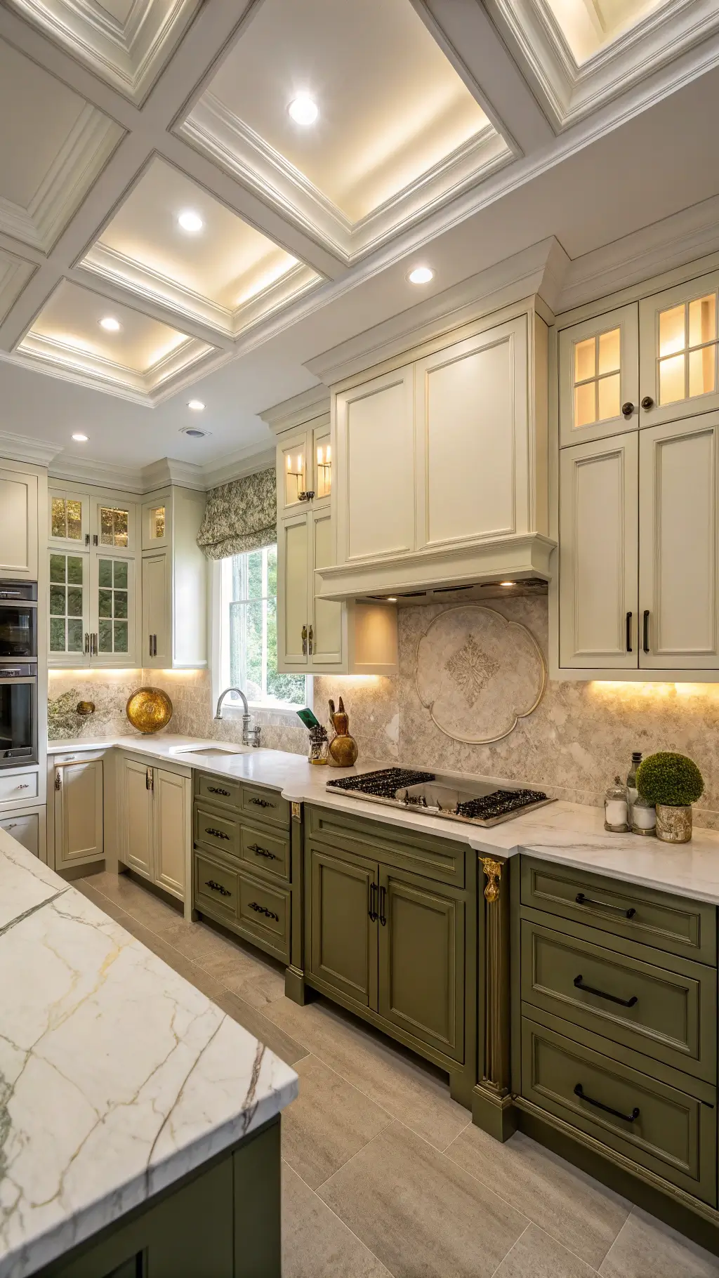 Transitional L-shaped kitchen with olive green lower cabinets, cream upper cabinets, coffered ceiling, warm LED lighting, Calacatta gold marble backsplash, and polished nickel fixtures