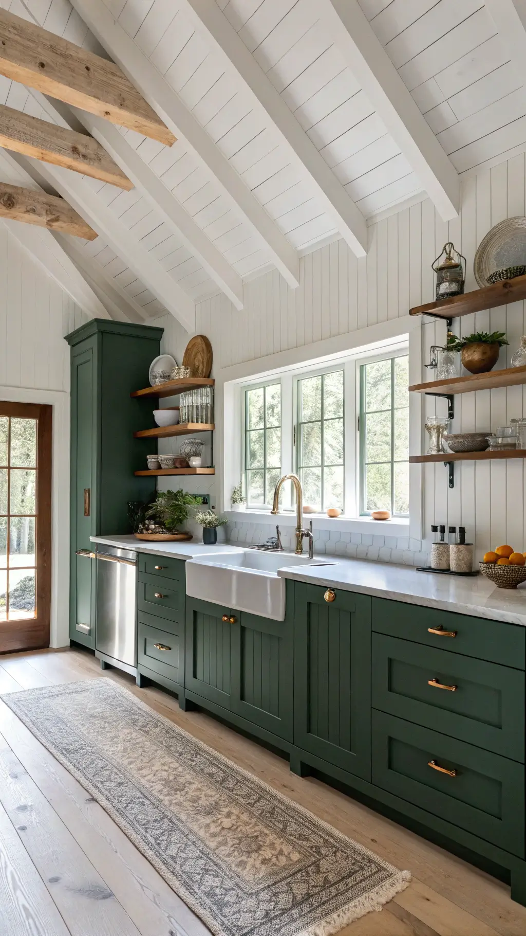 Modern farmhouse kitchen with hunter green cabinets, cathedral ceiling with whitewashed wooden beams, mixed metal accents, and white oak open shelving displaying pottery
