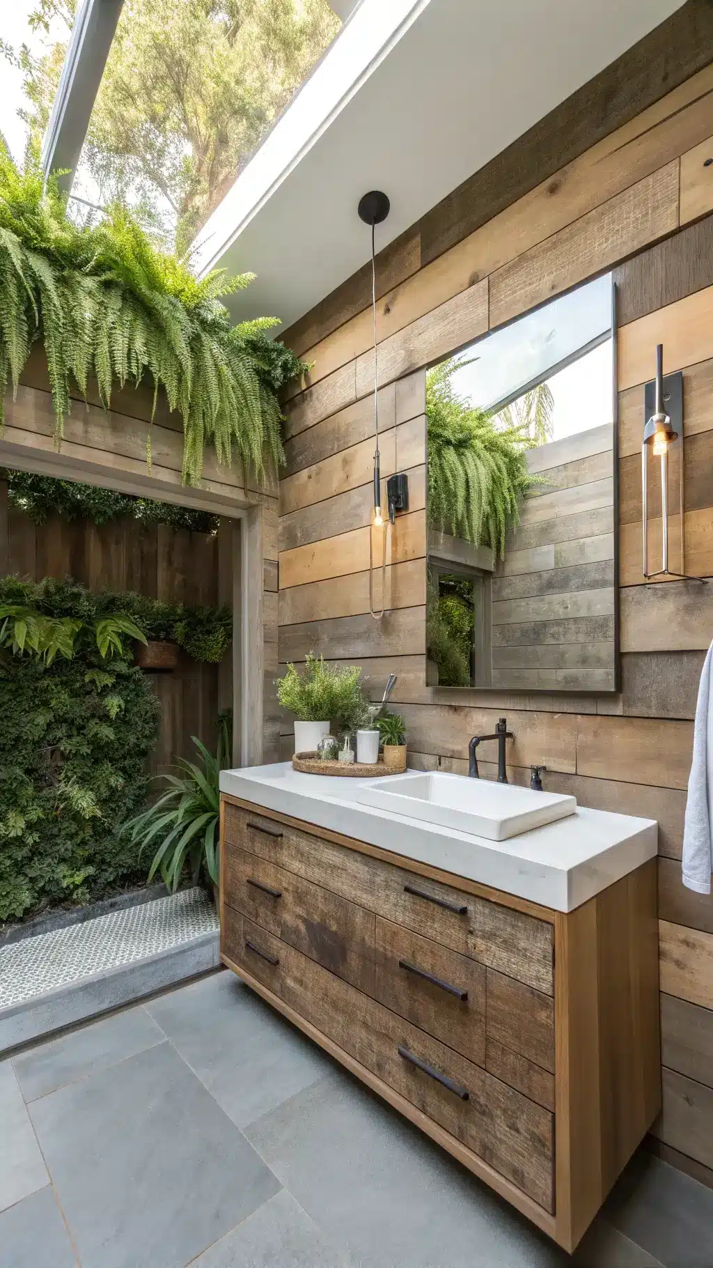 eco-friendly bathroom with bamboo floating vanity reclaimed wood accent wall bronze smart fixtures sea-green recycled glass countertop and natural skylight