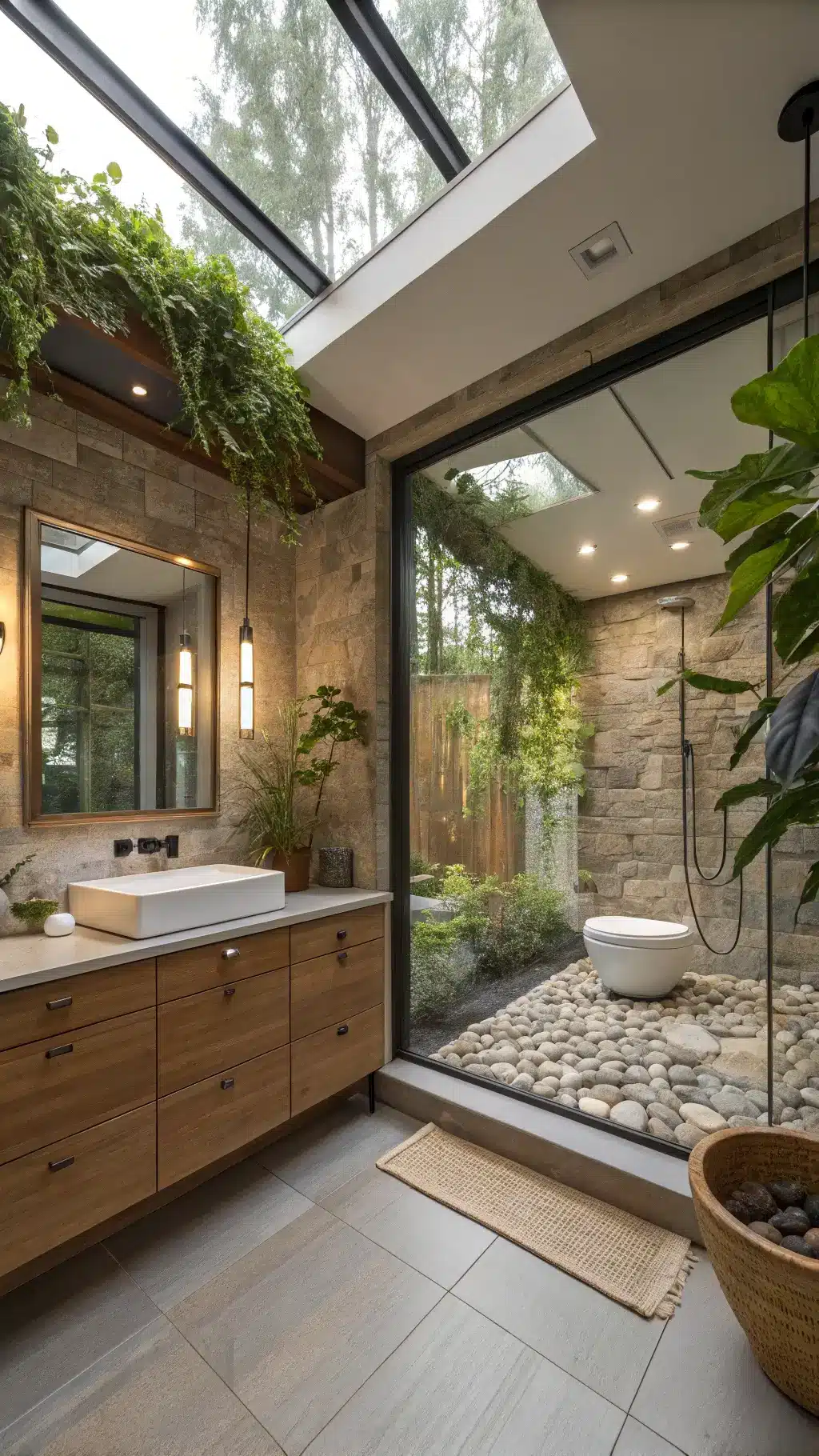 biophilic tech sanctuary bathroom with teak shower floor river rocks floor-to-ceiling window private garden smart mirror integrated lighting and natural stone vessel sink