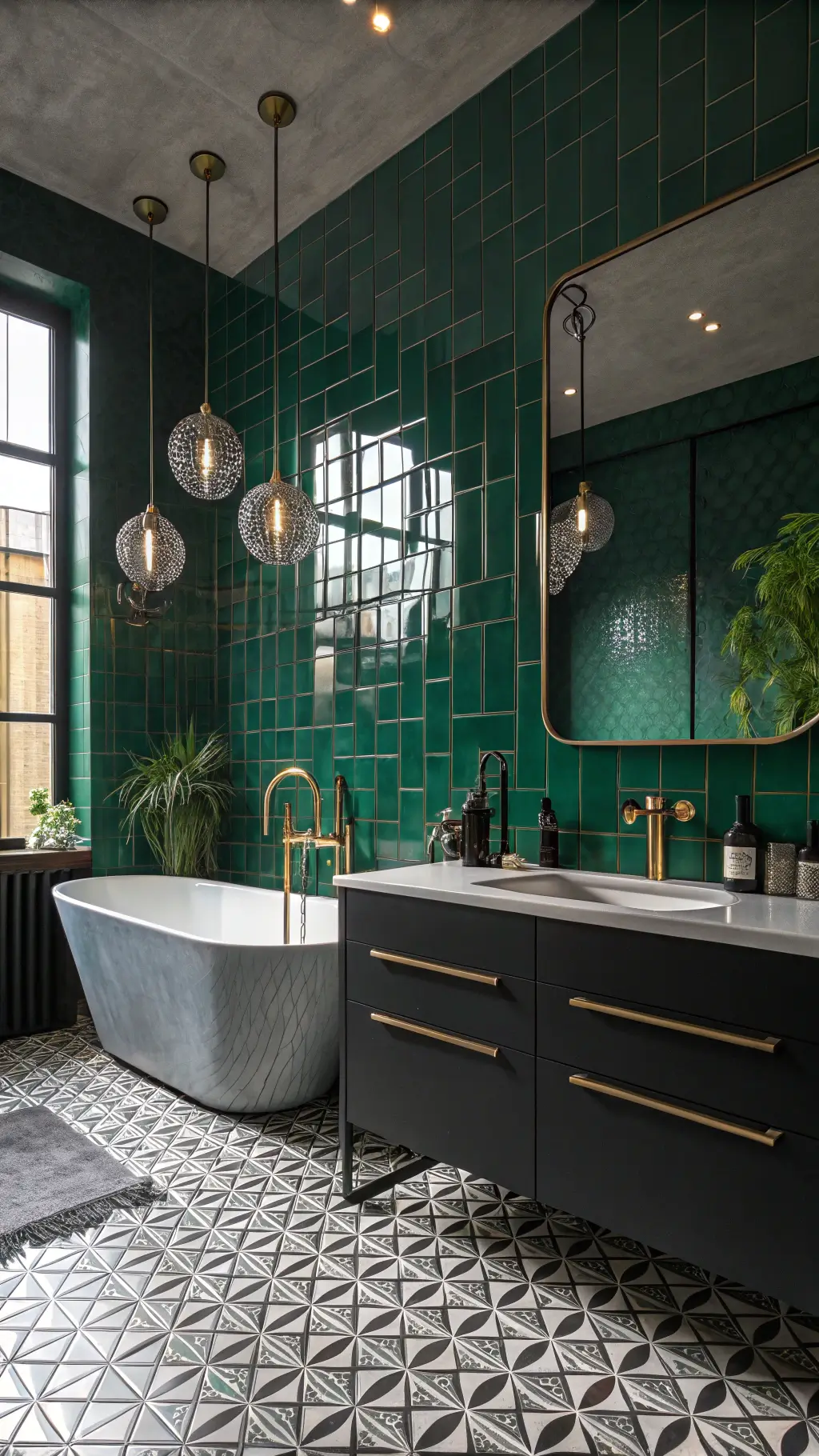sophisticated bathroom with emerald green tiles brass accents matte black double vanity geometric floor freestanding tub smoked glass pendant lights backlit mirror touch controls