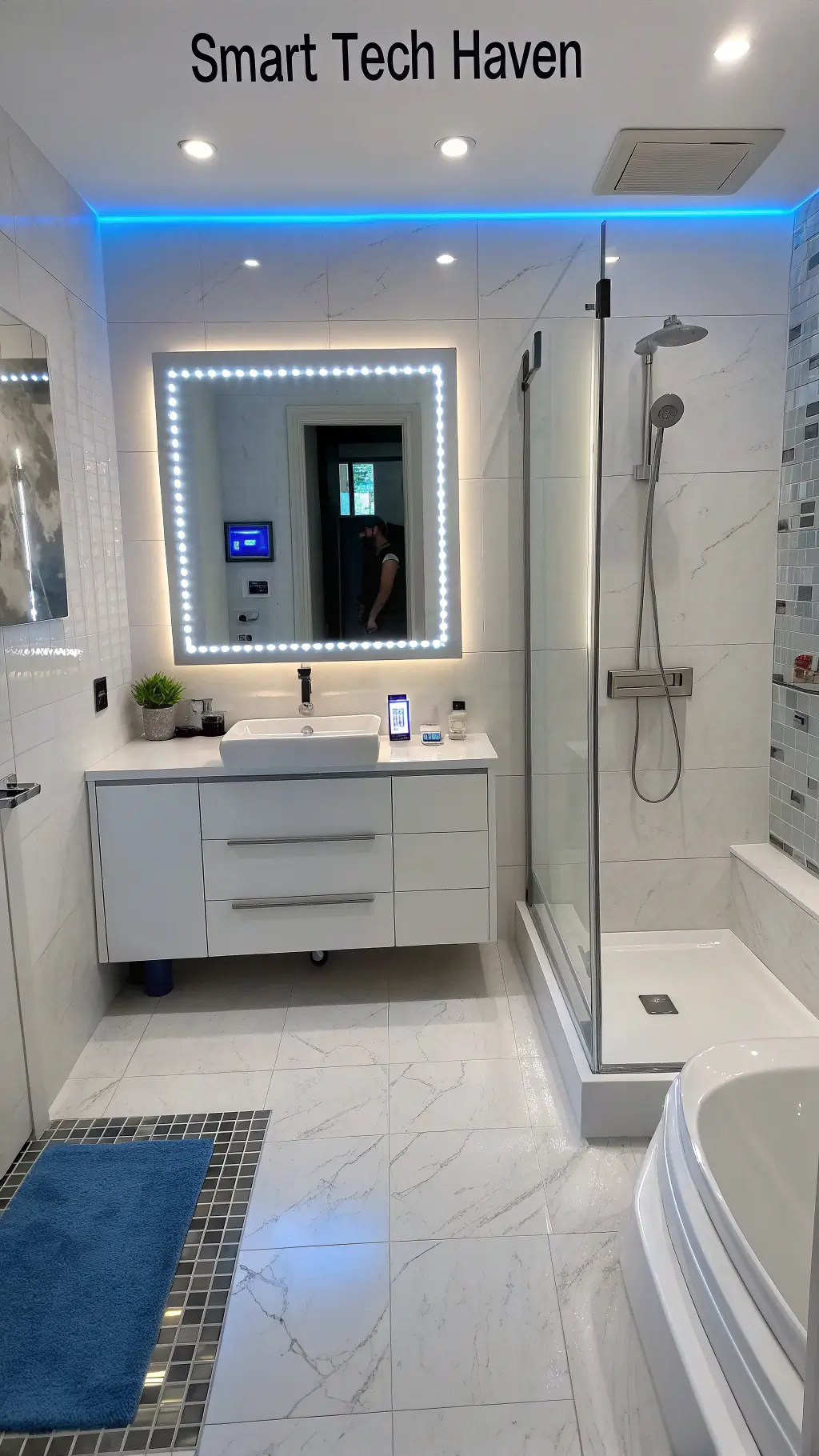ultramodern bathroom with motion-sensor led lighting digital shower system smart mirror displaying weather and news smartphone-controlled heated floors cool white blue accents