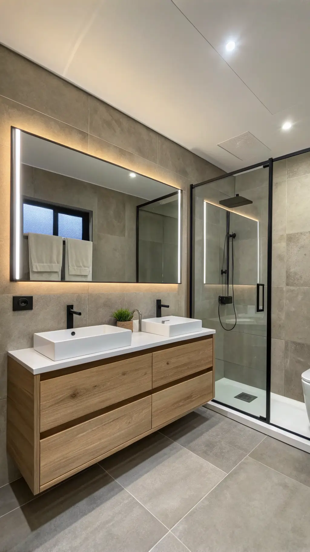 contemporary bathroom with wall-mounted double vanity bleached oak backlit mirror concrete-look tiles black-framed glass shower partition