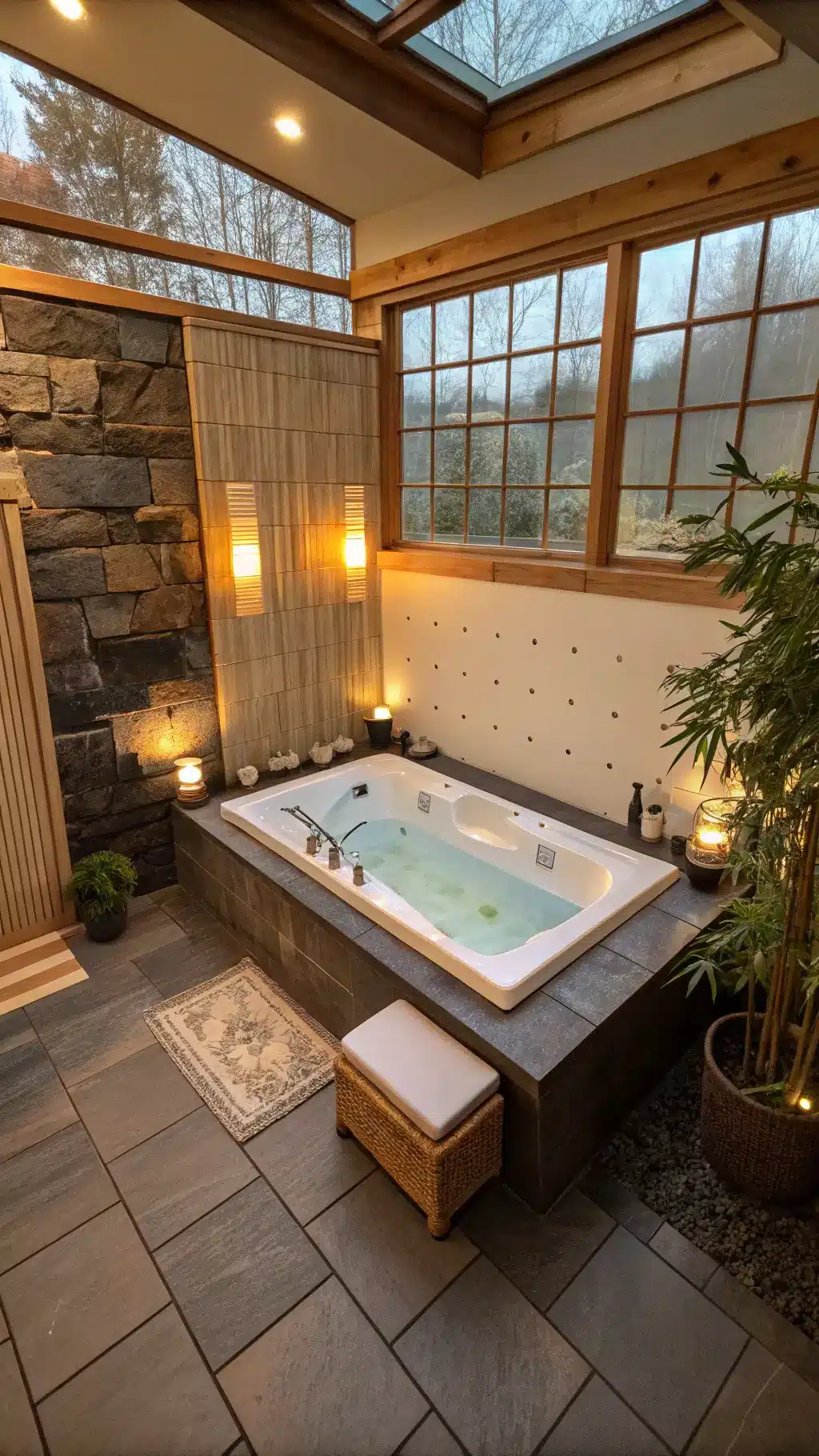 luxury spa-style master bathroom with Japanese soaking tub steam shower heated stone bench bamboo privacy screen meditation corner with speakers Himalayan salt wall feature
