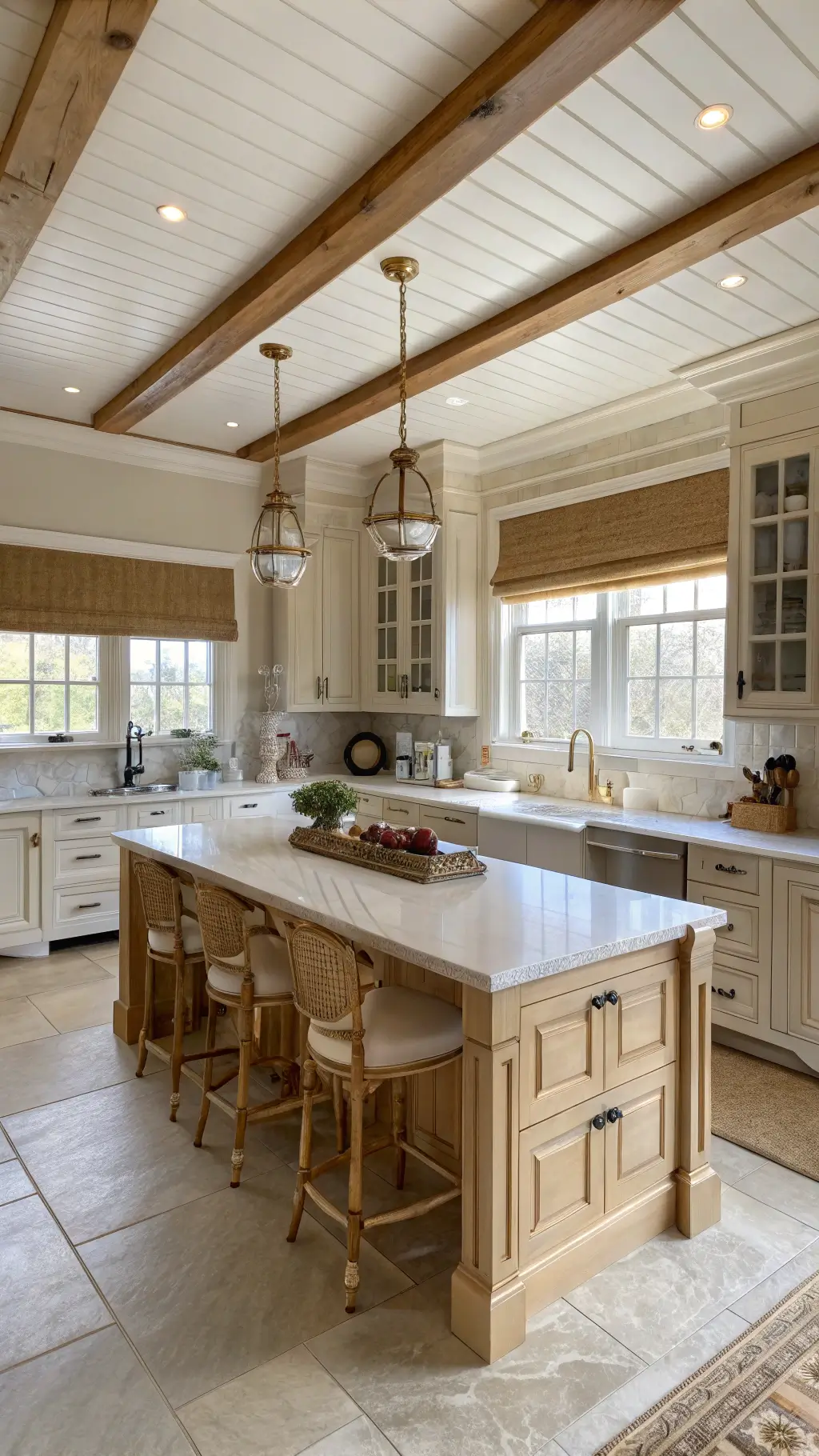 Traditional farmhouse kitchen with honey maple shaker-style cabinets, vintage brass hardware, cream walls, and morning light filtering through roman shades.