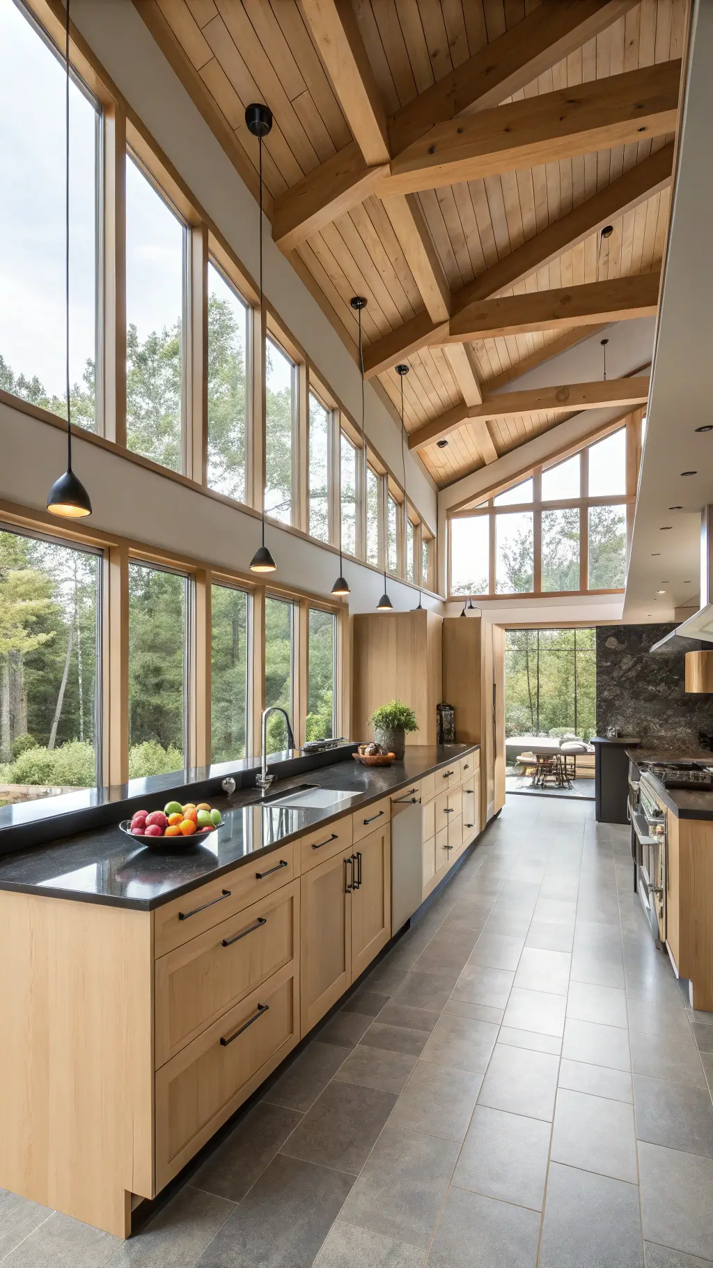 Open-concept contemporary kitchen with exposed beam ceiling, floor-to-ceiling windows, floating bright maple cabinets, black granite countertops, and minimalist decor.