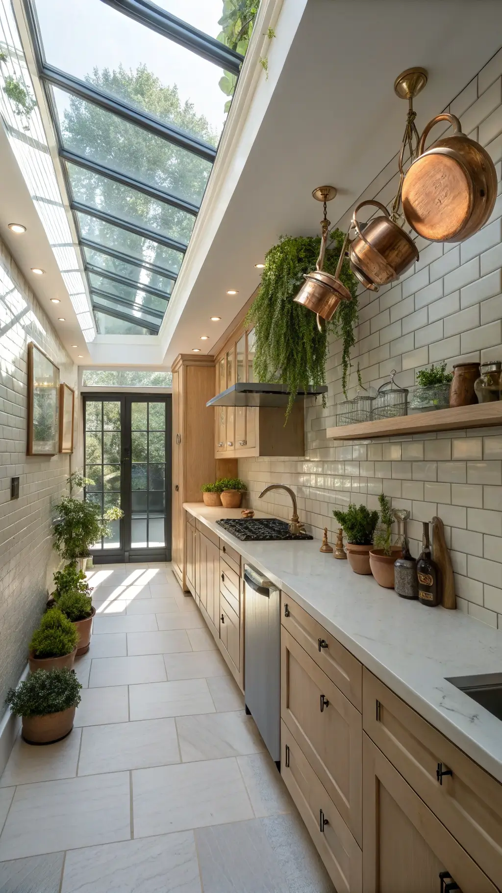 Cozy galley kitchen with bright maple cabinets featuring glass panels, white subway tile backsplash, hanging copper pots, potted herbs, and layered lighting.