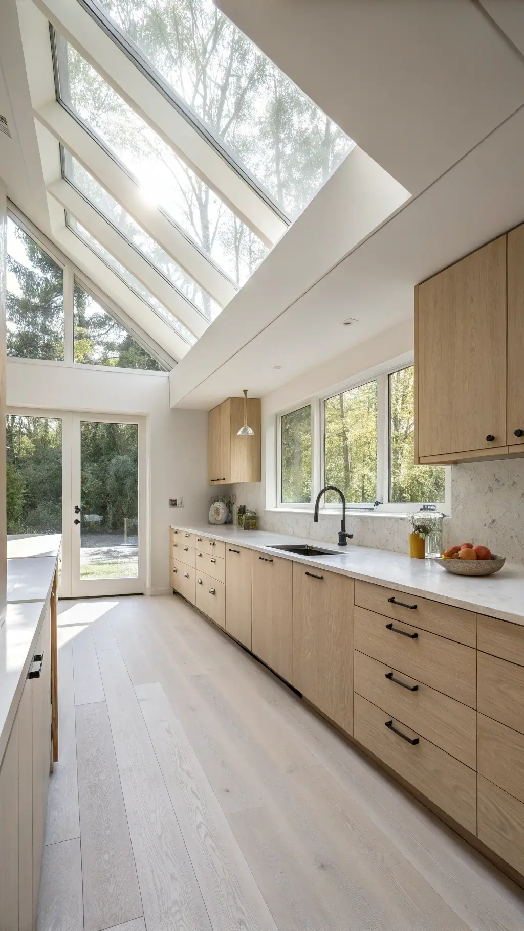 Nordic-inspired kitchen with pitched ceiling, frosted clerestory windows, bright maple cabinets with hidden pulls, white concrete counters, pale oak floors, and wooden accessories.