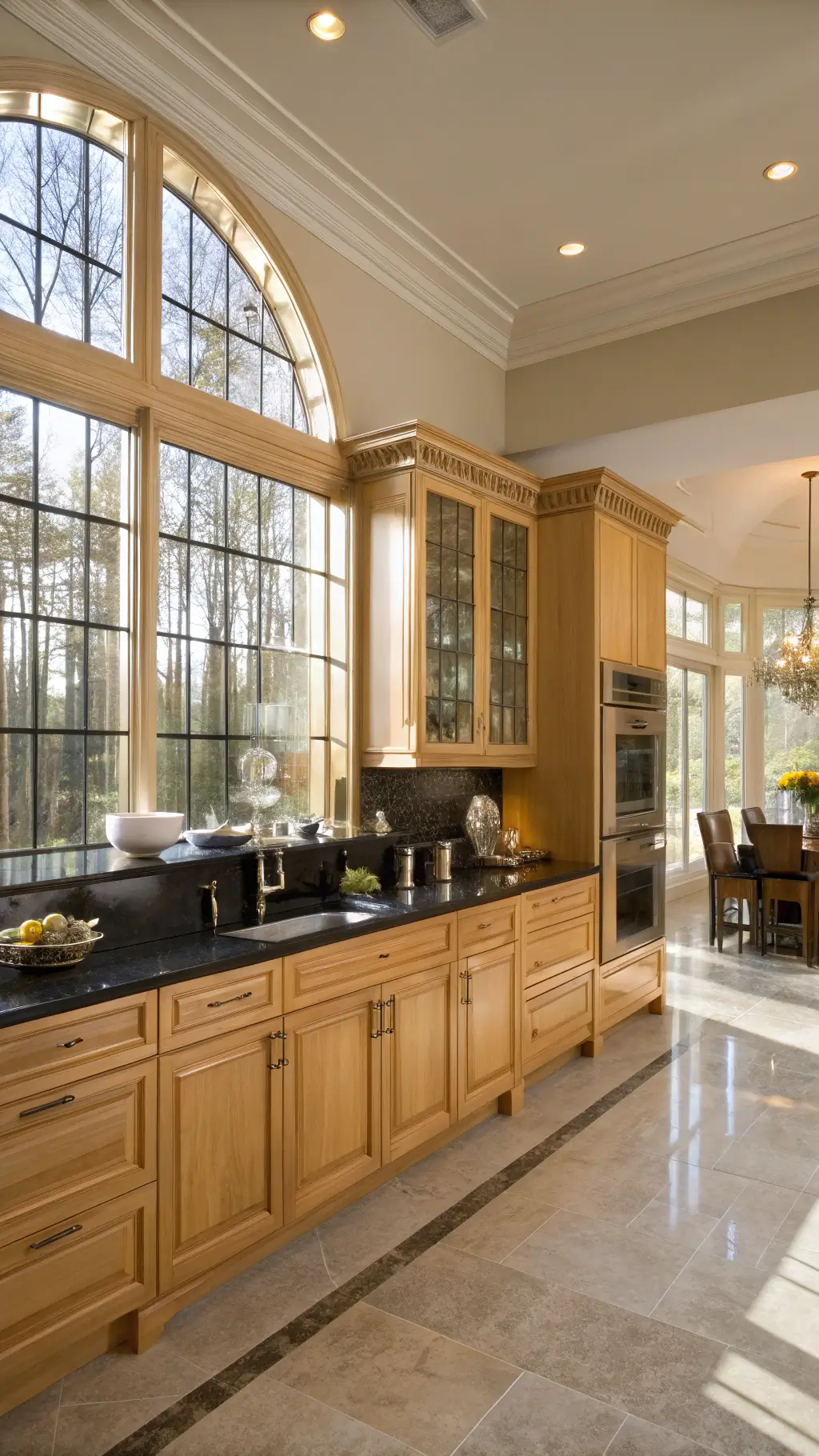 Sophisticated modern kitchen with floor-to-ceiling bright maple cabinetry, side lighting, black granite countertops, large windows, and detailed sculptural barware.