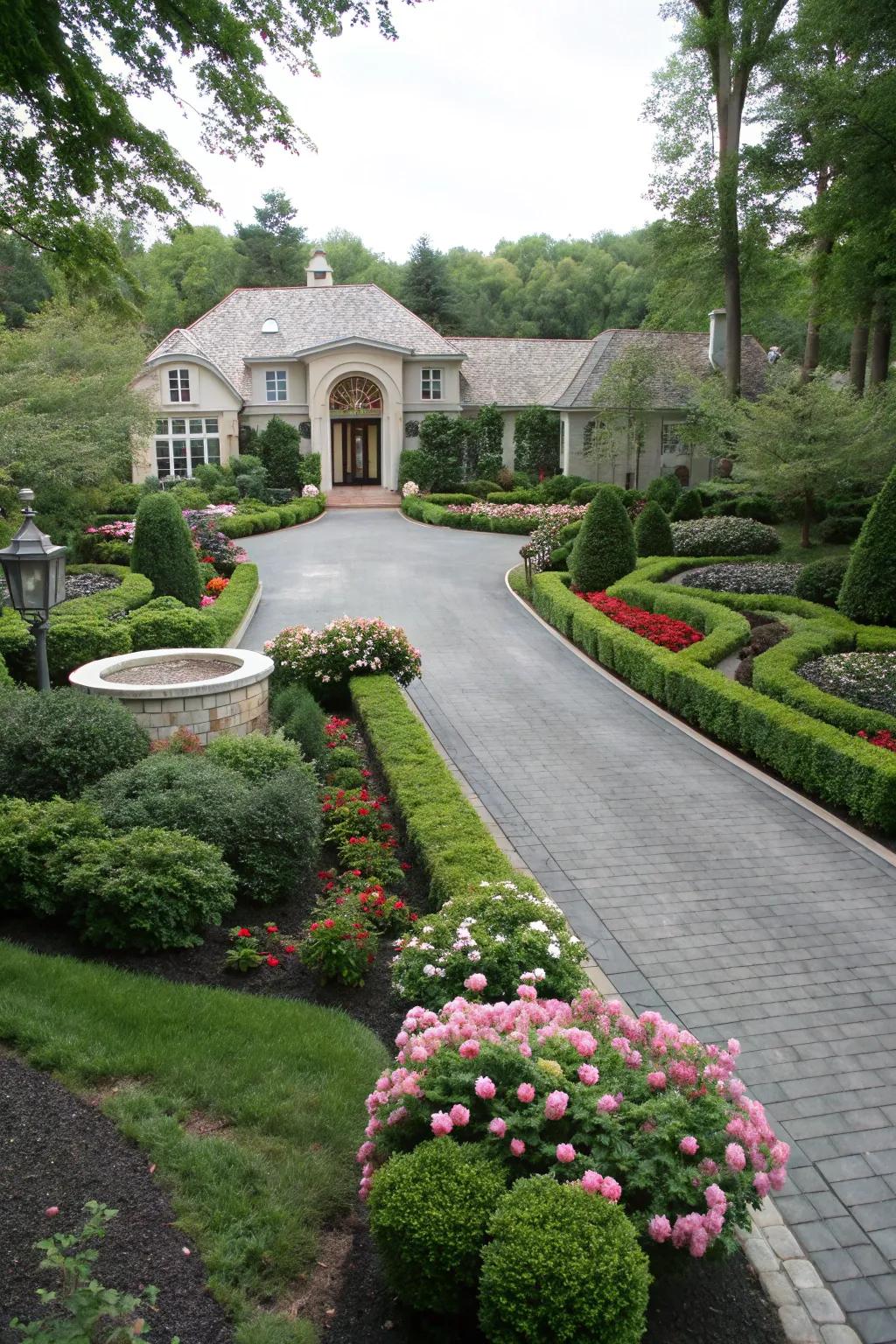 Horseshoe driveway with a central landscaped garden.