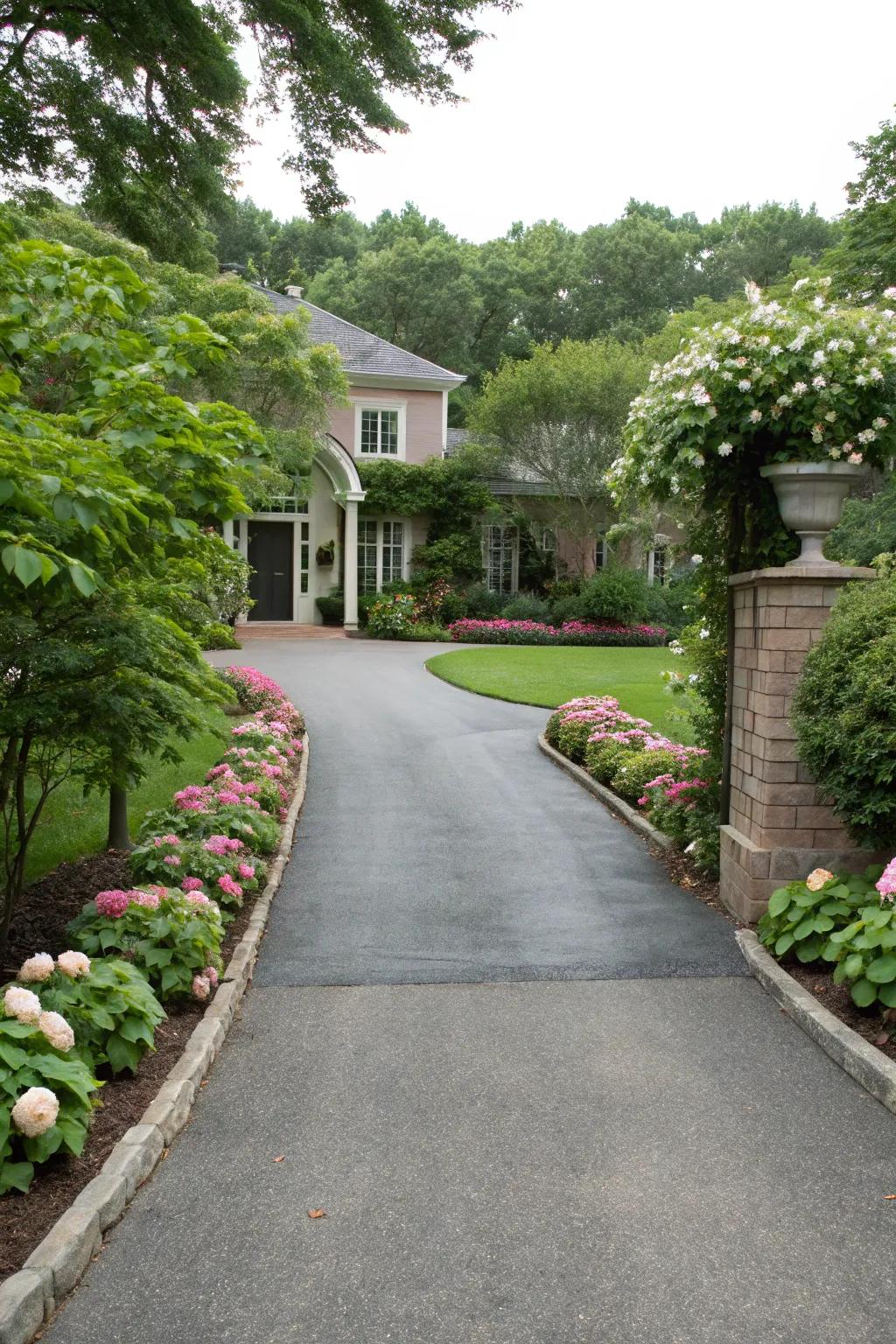 Driveway bordered with vibrant plants and flower beds.