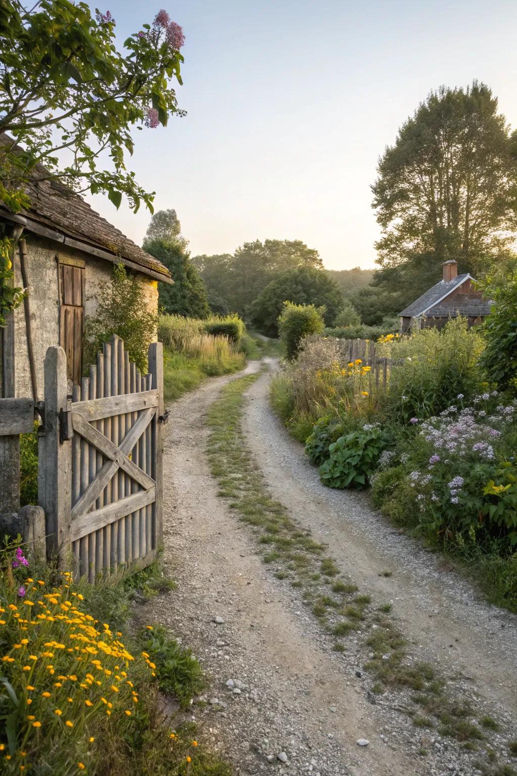 Country farmhouse driveway with natural gravel and rustic elements.