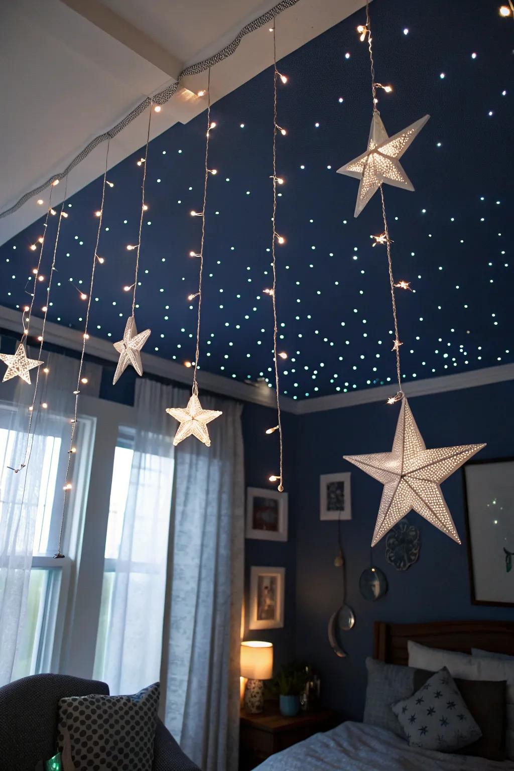 A ceiling transformed into a starry night sky with twinkling lights and hanging constellations.