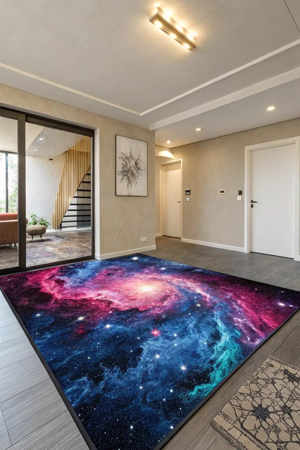 A rug featuring nebula patterns adds color and cosmic intrigue to your room.