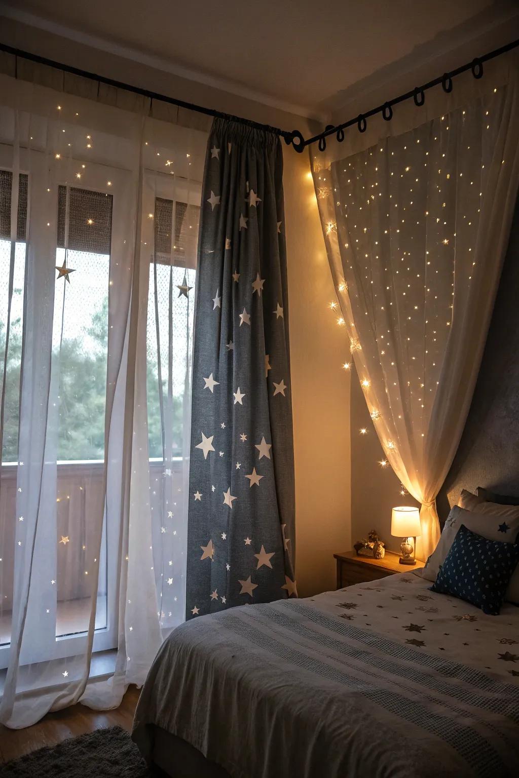 Curtains adorned with star patterns create a dreamy celestial atmosphere.