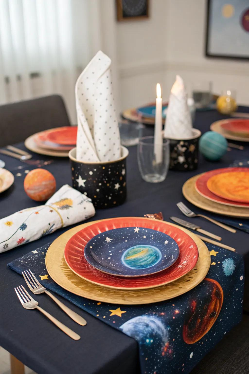 Table settings inspired by planets elevate your dining experience to cosmic heights.