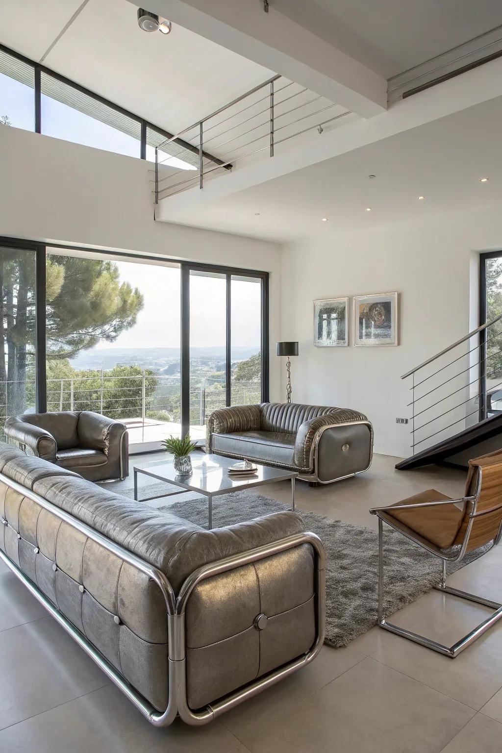 Contemporary furniture with sleek lines and metallic finishes adds a modern cosmic vibe.