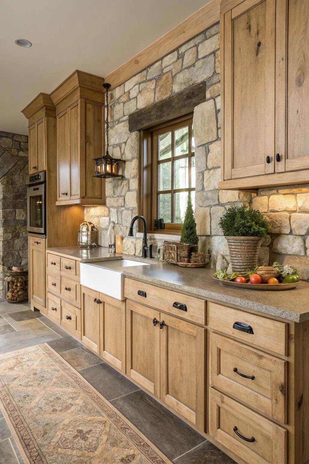 Light wood cabinets paired with stone countertops in a farmhouse kitchen.
