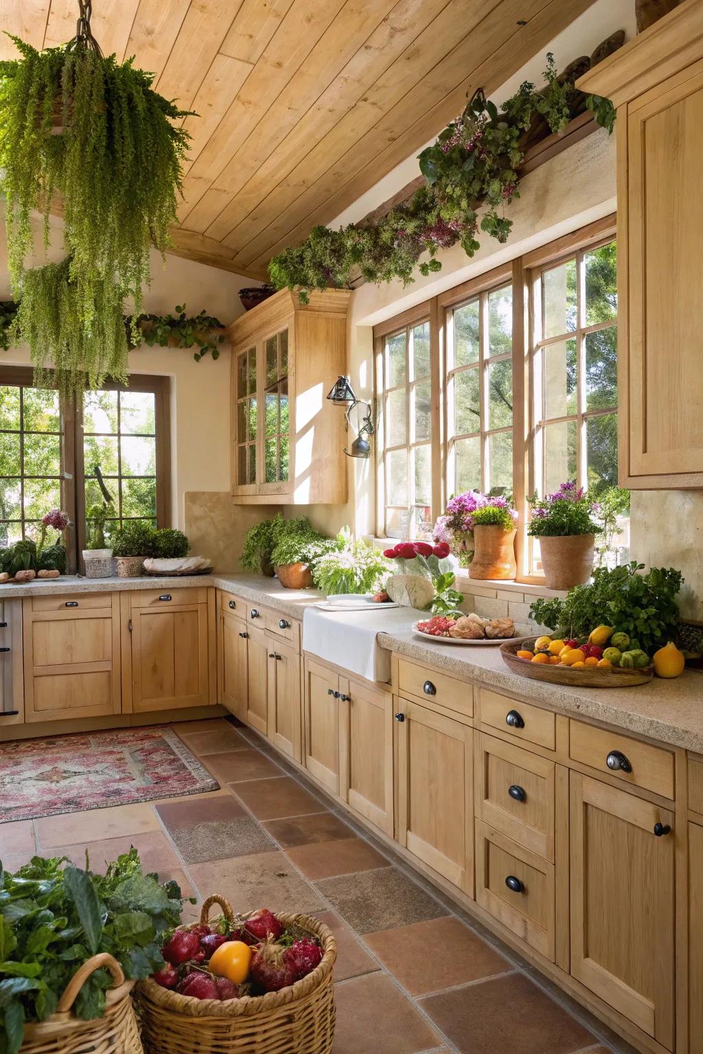 Plants add freshness to a kitchen with light wood cabinets.