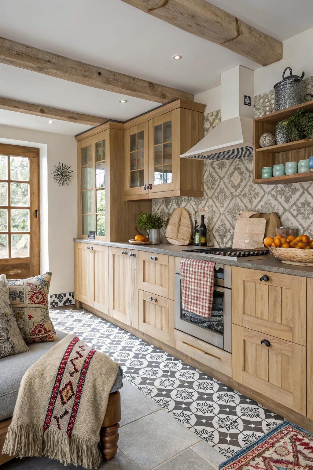 Patterned tiles add character to a kitchen with light wood cabinets.