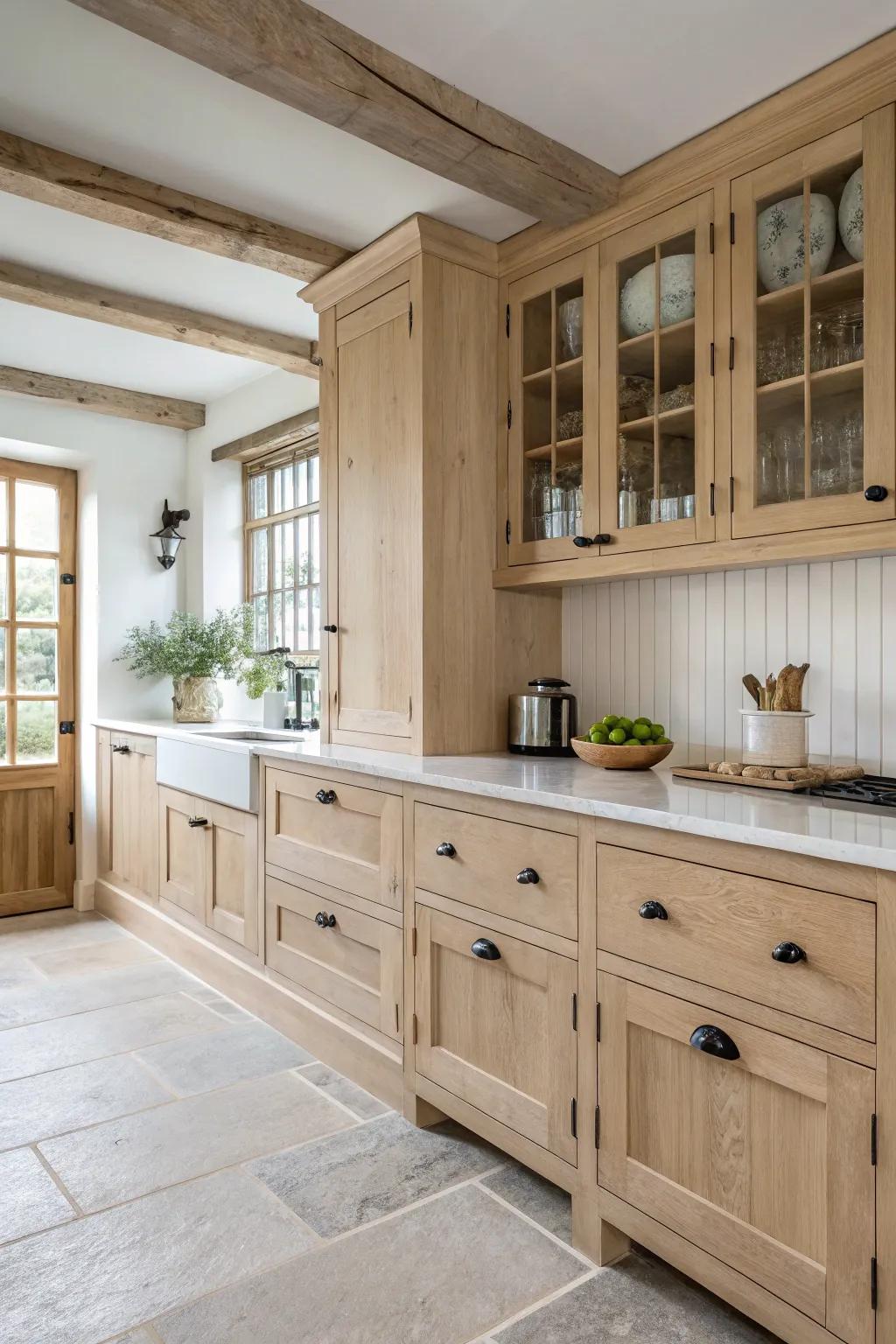 Minimalist cabinet hardware enhances light wood cabinetry.