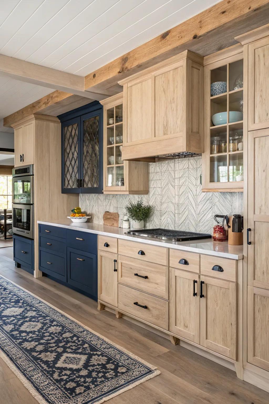 Two-tone kitchen design with light wood and navy blue cabinets.