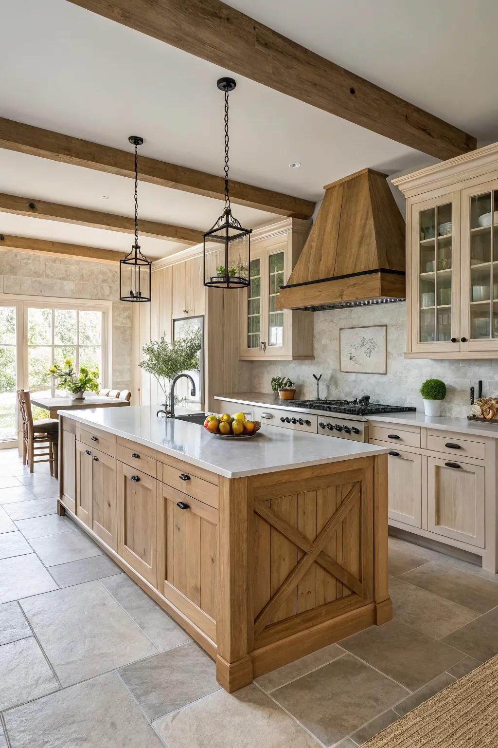 A bold kitchen island enhances a farmhouse kitchen with light wood cabinets.
