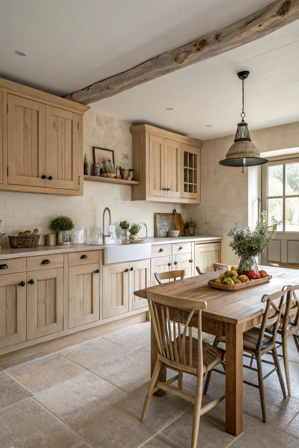 Neutral tones complement light wood cabinets in a farmhouse kitchen.